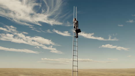 businessman climbing ladder into the sky, looking towards the future