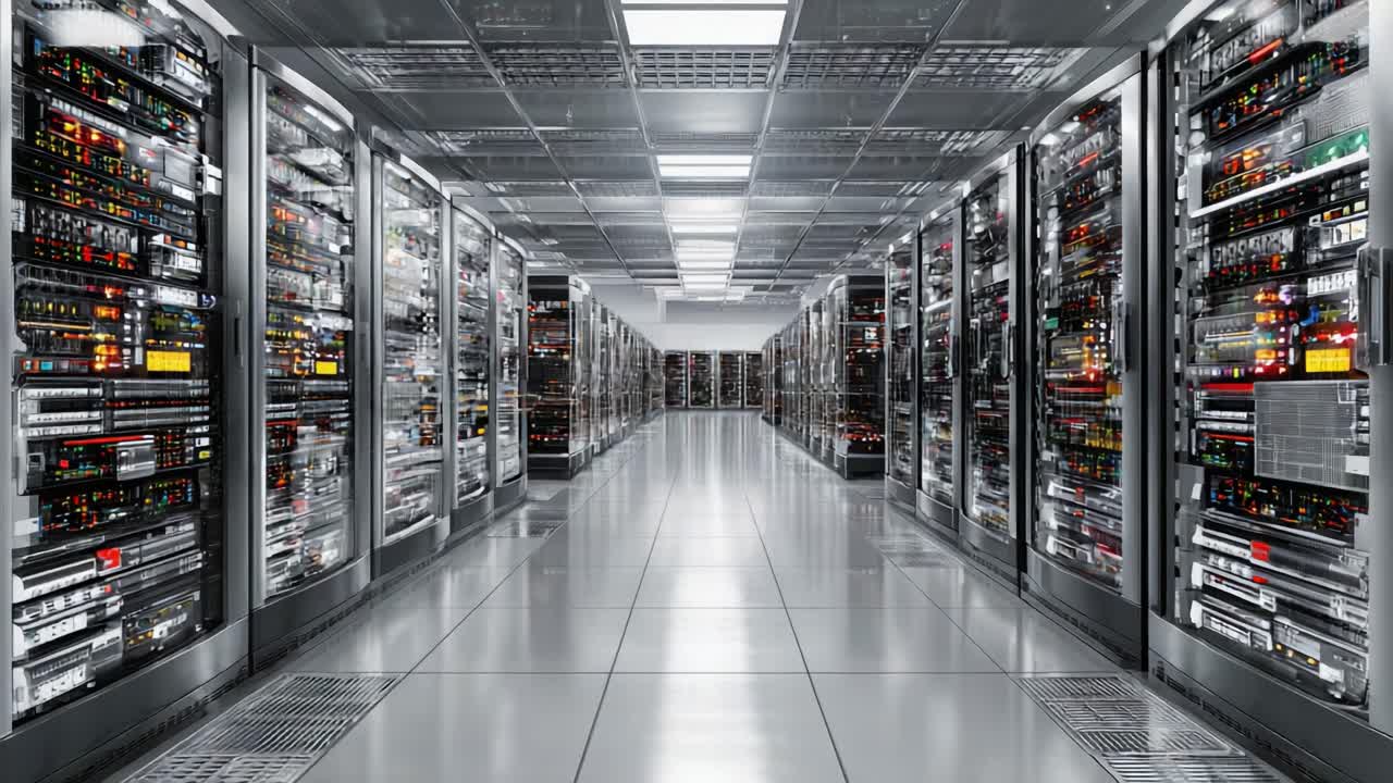 A Modern Data Center Showcasing Rows of Server Racks and High-Tech Equipment Lit by Colorful LED Indicators in a Sleek, Clean Environment