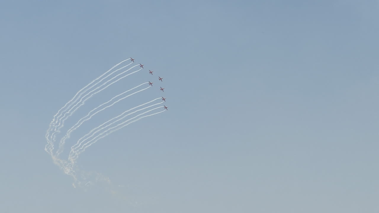 Maneuvering HAWK aircraft of Surya Kiran Aerobatic Team (SKAT), IAF Agency. Aero India 2025 Air Show at Yelahanka Air Force Station.