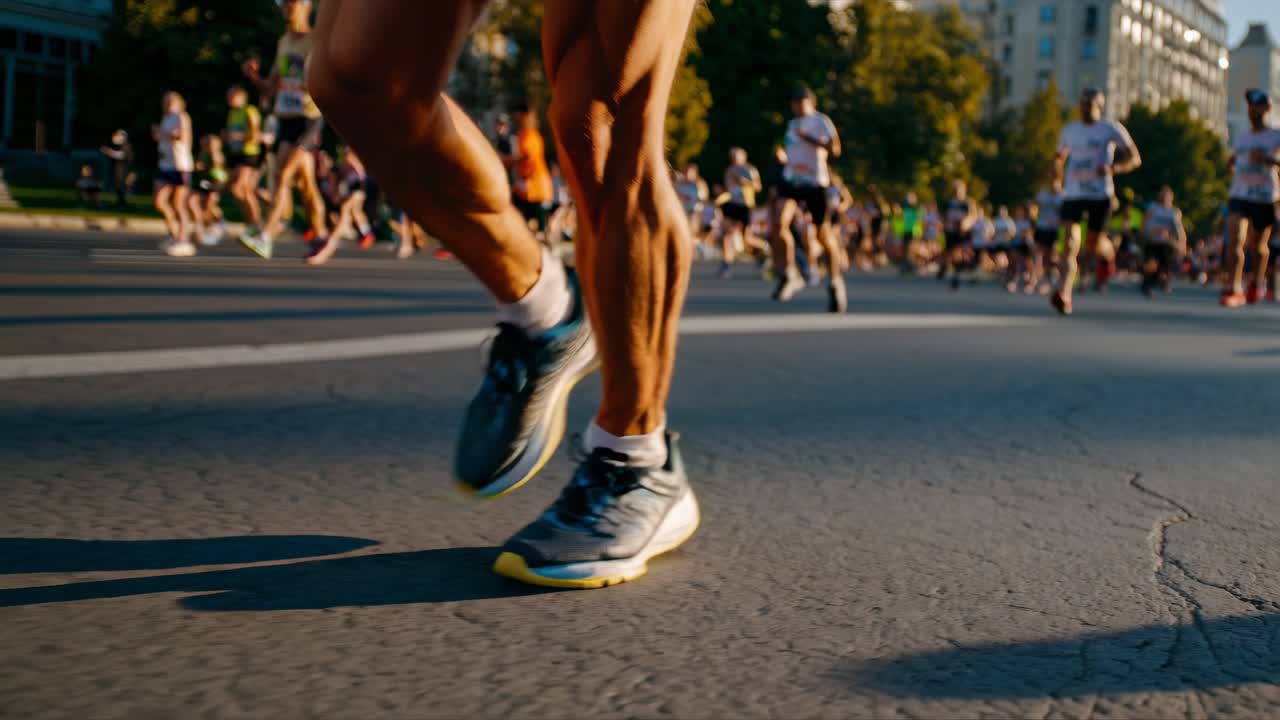 Marathon runner running fast on the city street during an urban competition with other athletes competing in the background, showing the energy and determination of the participants