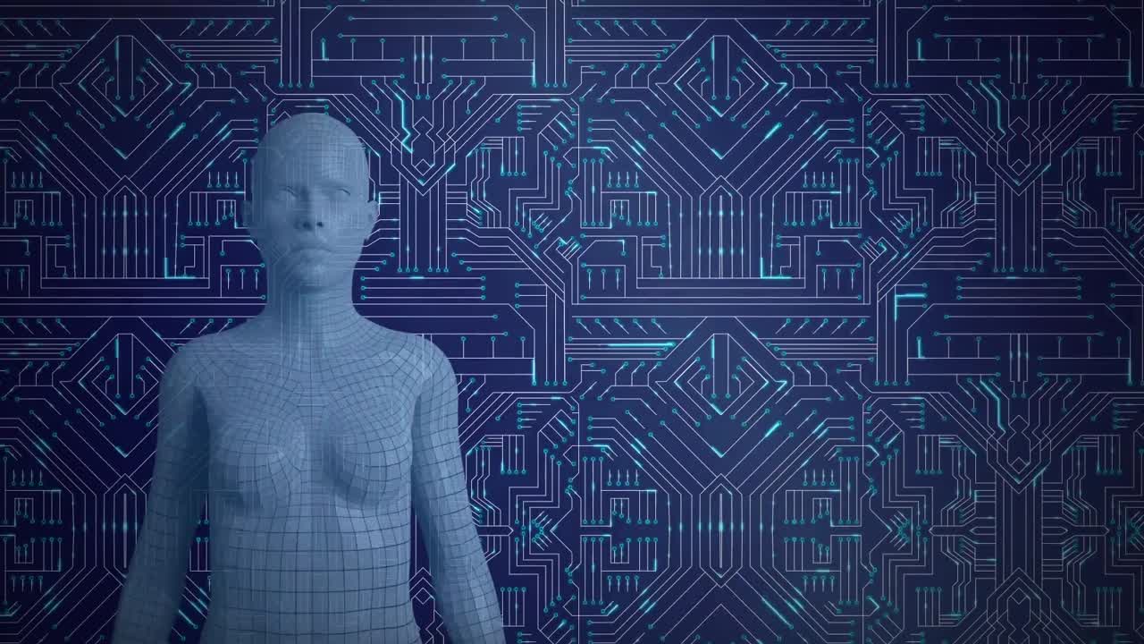 Female andriod and glowing circuit board