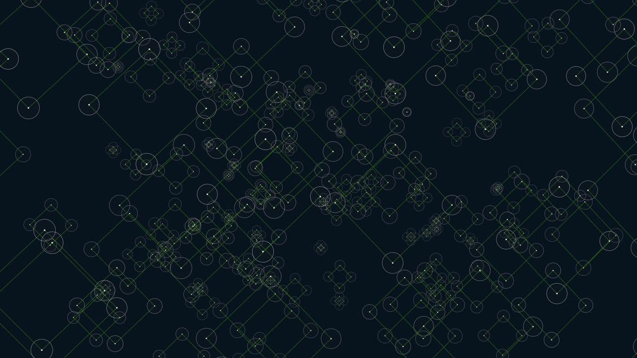 Symmetrical pattern of circles and squares in a grid on a black background.