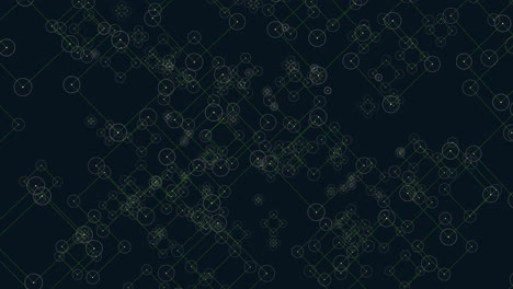 Symmetrical pattern of circles and squares in a grid on a black background.