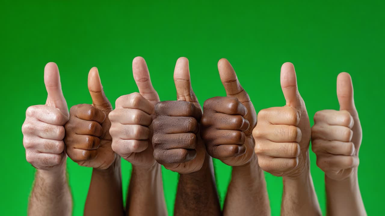 L’unité dans la diversité : une célébration de l’esprit d’équipe avec de nombreuses mains levant le pouce sur un fond vert vibrant