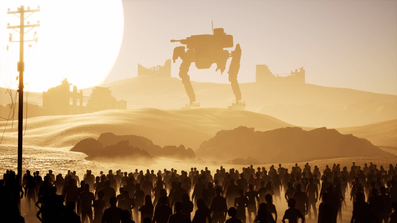 un enorme robot mecánico parado en el desierto frente a un gran sol, con una multitud mirándolo, edificios destruidos y escombros por todas partes, paisajes distópicos, cámara de animación 3d alejada lentamente