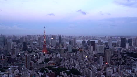 tokyo tower at dusk from high above, wide panorama view in 4k