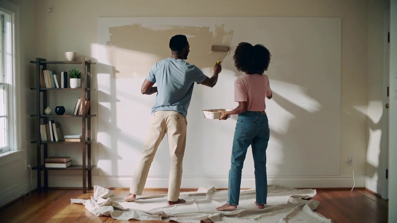 Starting couple wearing casual tees painting upper wall at home, man rolling and woman dipping tray
