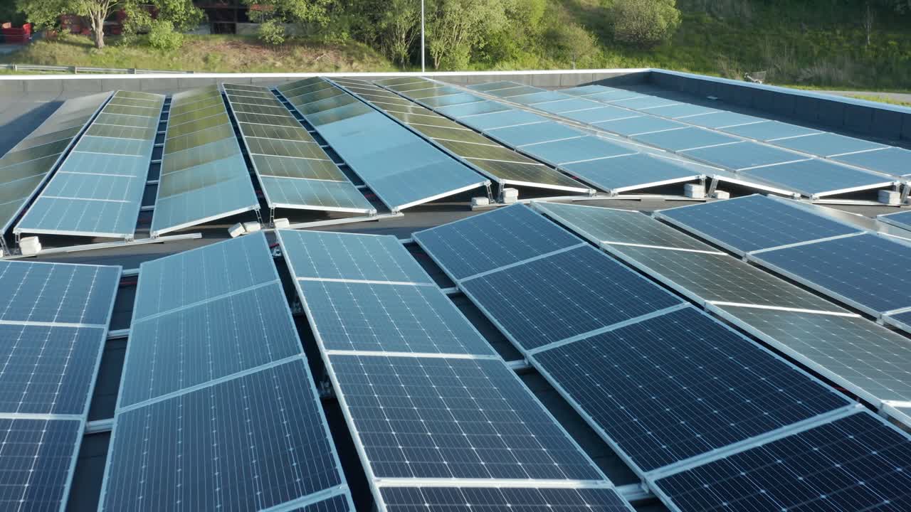 Solar Panel Array. Drone Aerial View of Modern Photovoltaic Electricity System, Close Up
