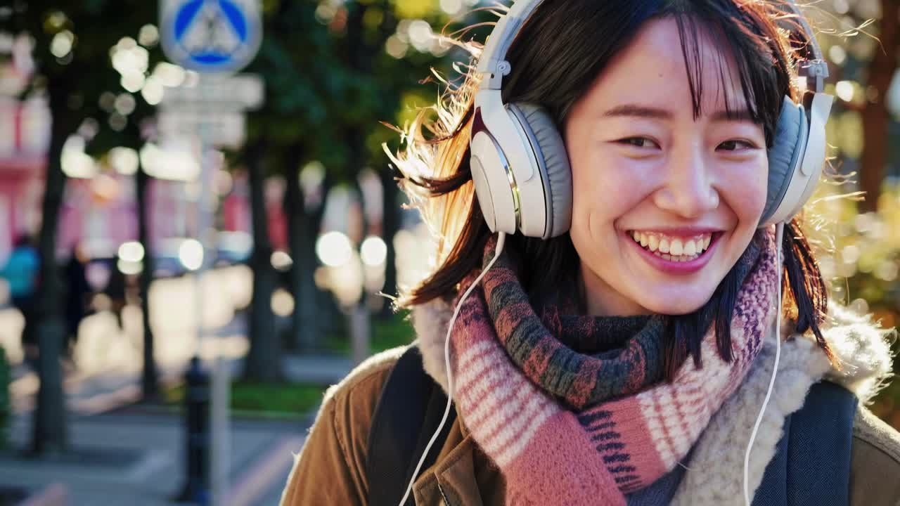 A cheerful woman with headphones walks outdoors, captured in a close-up, eye-level angle