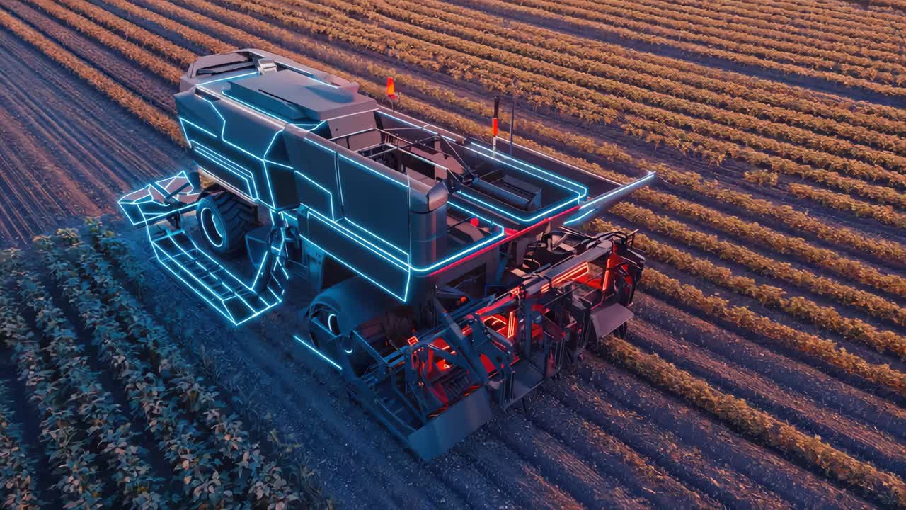 Futuristic Combine Harvester with Neon Glow in a Crop Field