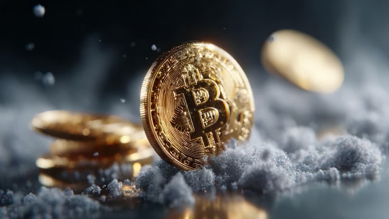 Dramatic Close-Up of Shimmering Bitcoin Coins Amidst Dusty Background, Capturing the Essence of Cryptocurrency and Its Impact on Modern Economy