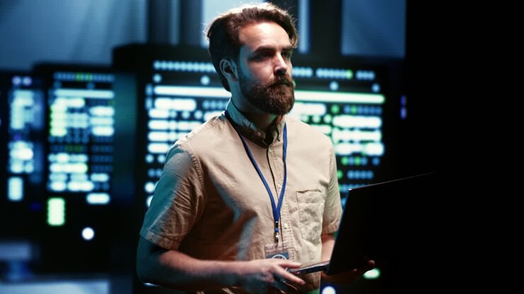Engineer maintenancing server hub