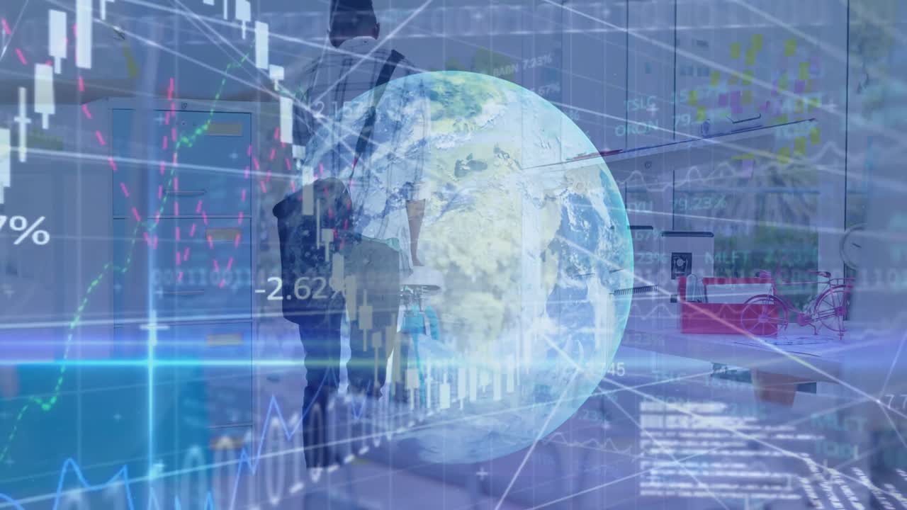 데이터 처리 및 전 세계에 대한 애니메이션 사무실에서 자전거를 가진 아프리카계 미국인 사업가