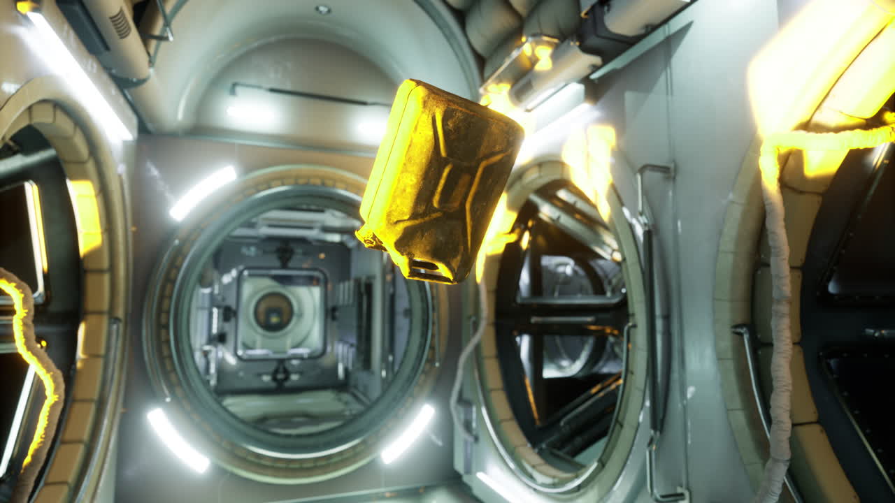Floating yellow canister in a futuristic space station corridor