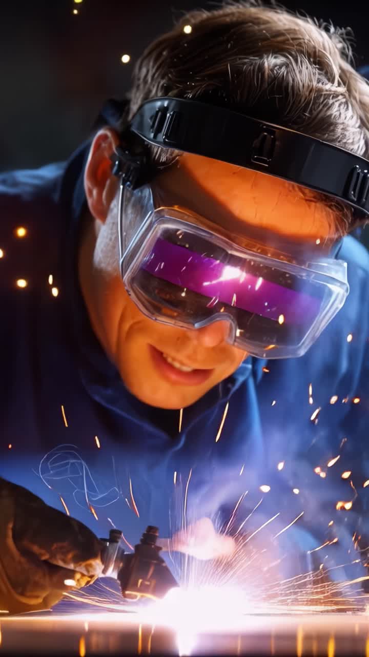 Close-Up of a Skilled Welder in Protective Gear Crafting Metal with an Intense Focus While Sparks Fly, Showcasing the Artistry of Welding Technique and Precision