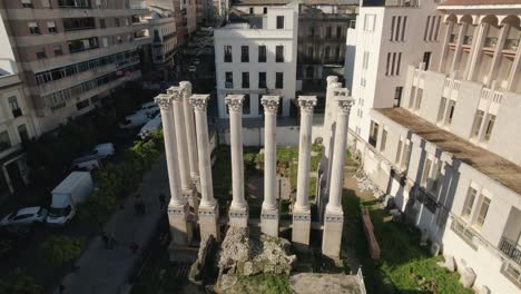 Aerial-pullback-over-remains-of-Roman-temple-of-Cordoba