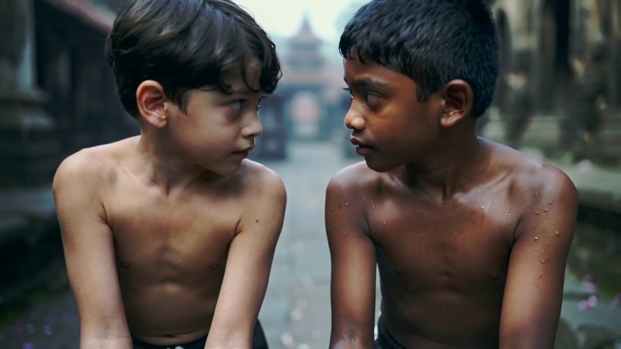 Walking two shirtless boys gripping thick rope after rope lift, moving on stone path, playing