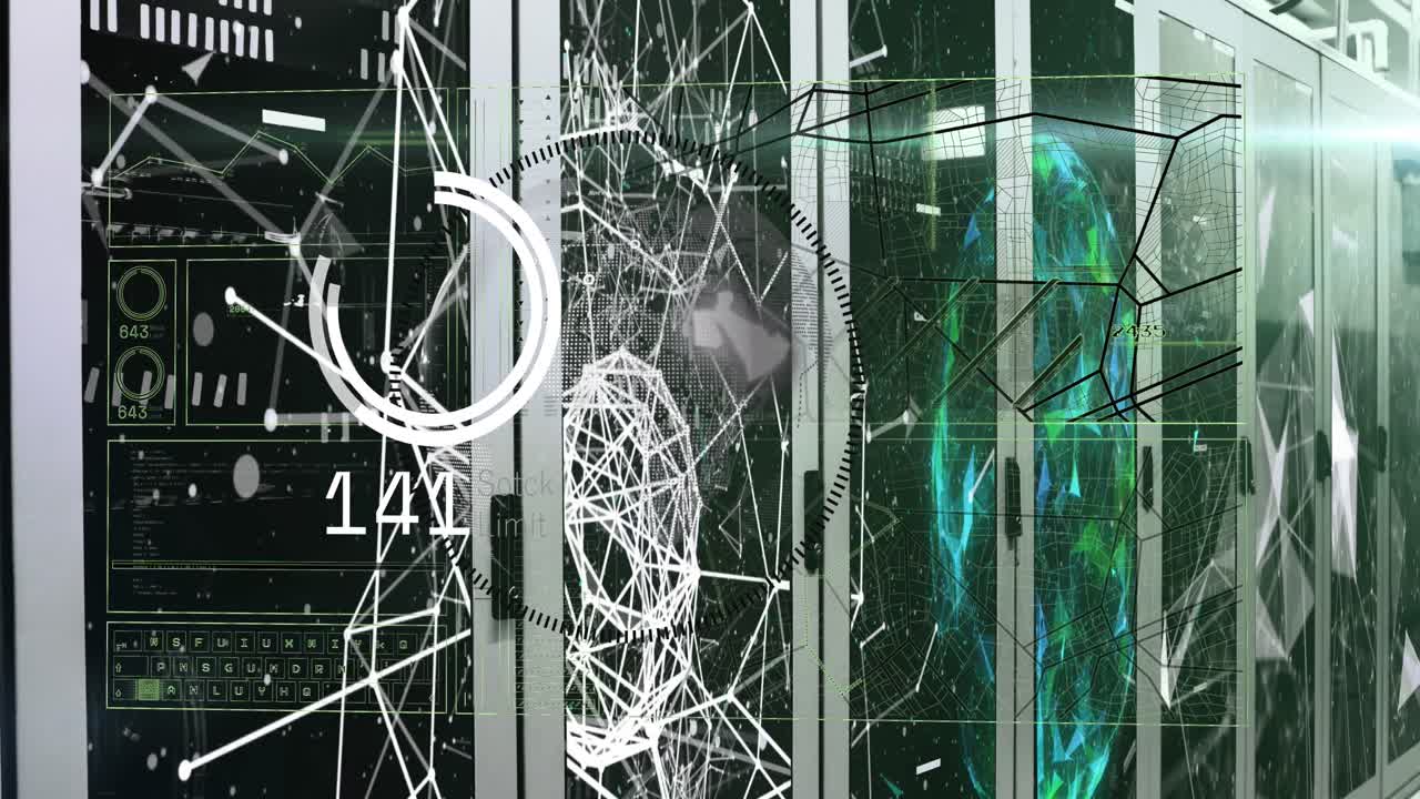 Animation of interface with data processing and plexus networks against computer server room