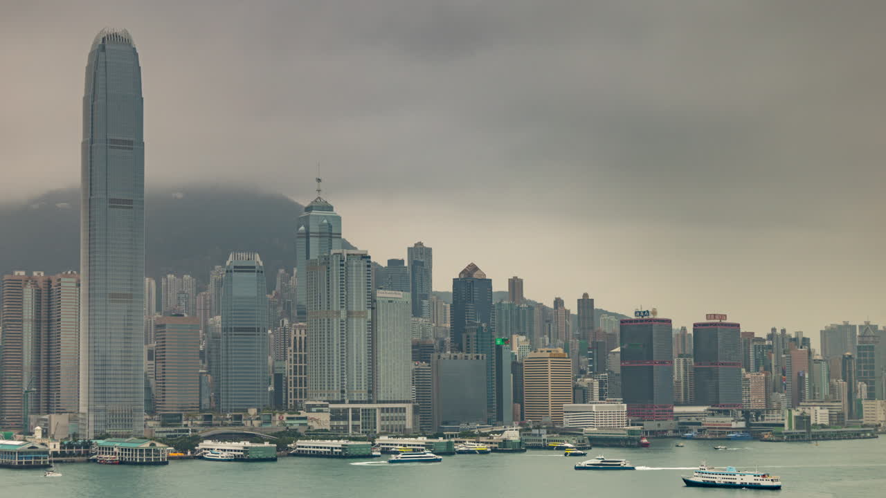 HONG KONG - 19 MARCH 2025 : Hong Kong Central city skyline filmed from across the harbour in kowloon