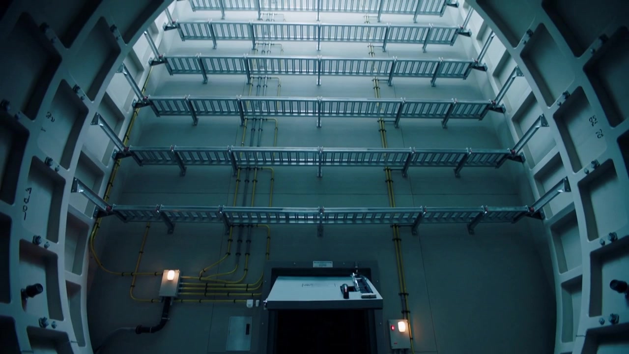 Releasing hinge motor tilting metal access hatch open from floor, revealing shaft with cable trays