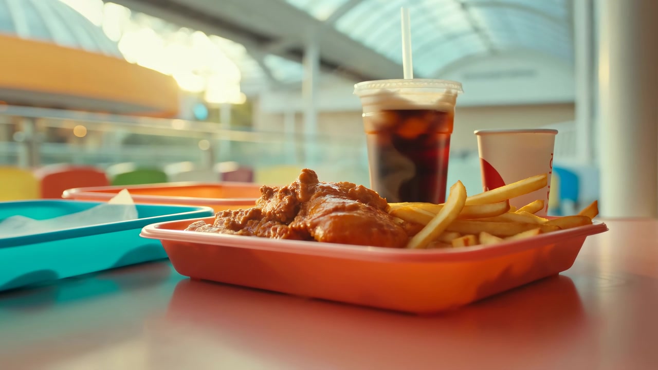 Un primo piano dal basso mostra pollo fritto ricoperto di salsa lucida con patatine fritte dorate su un vassoio di plastica arancione accanto a una cola ghiacciata in un bicchiere trasparente con coperchio e cannuccia, ambientato in una luminosa area ristorazione di un centro commerciale con luce calda.