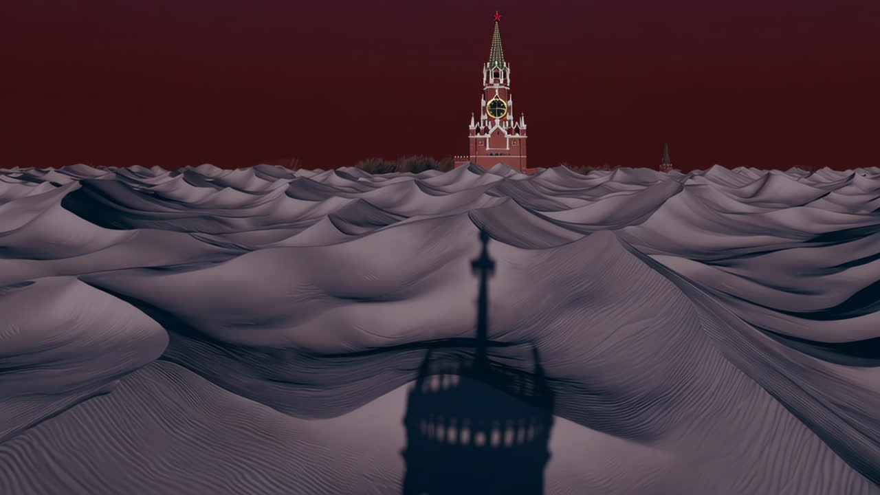 Kremlin Tower Amidst a Desert of Dunes with a Red Sky
