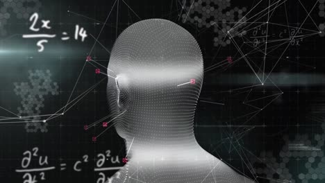 Animation-of-digital-head-and-mathematical-equations-on-black-background