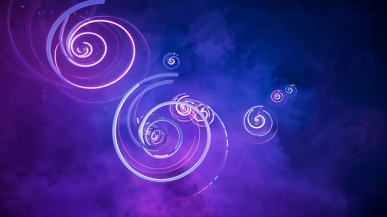 Emerging neon spiral ring rotating and expanding inward on nebula backdrop, with orbiting rings