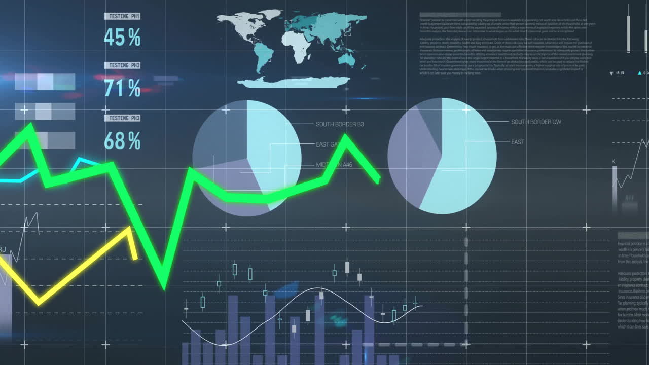 Animating financial data, graphs, charts, world map on digital interface screen