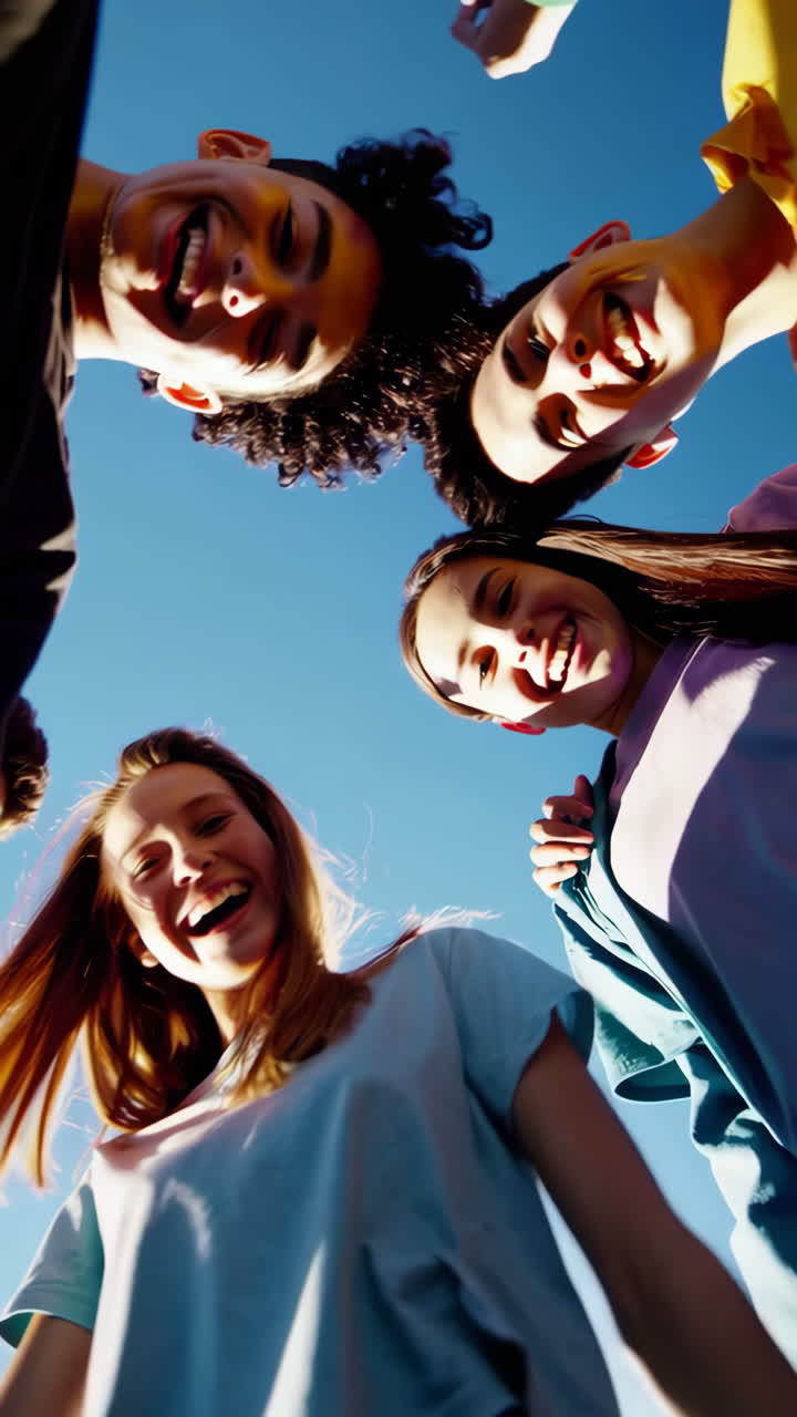 A group of young, diverse friends huddle together and smile at the camera from a low angle under a clear blue sky