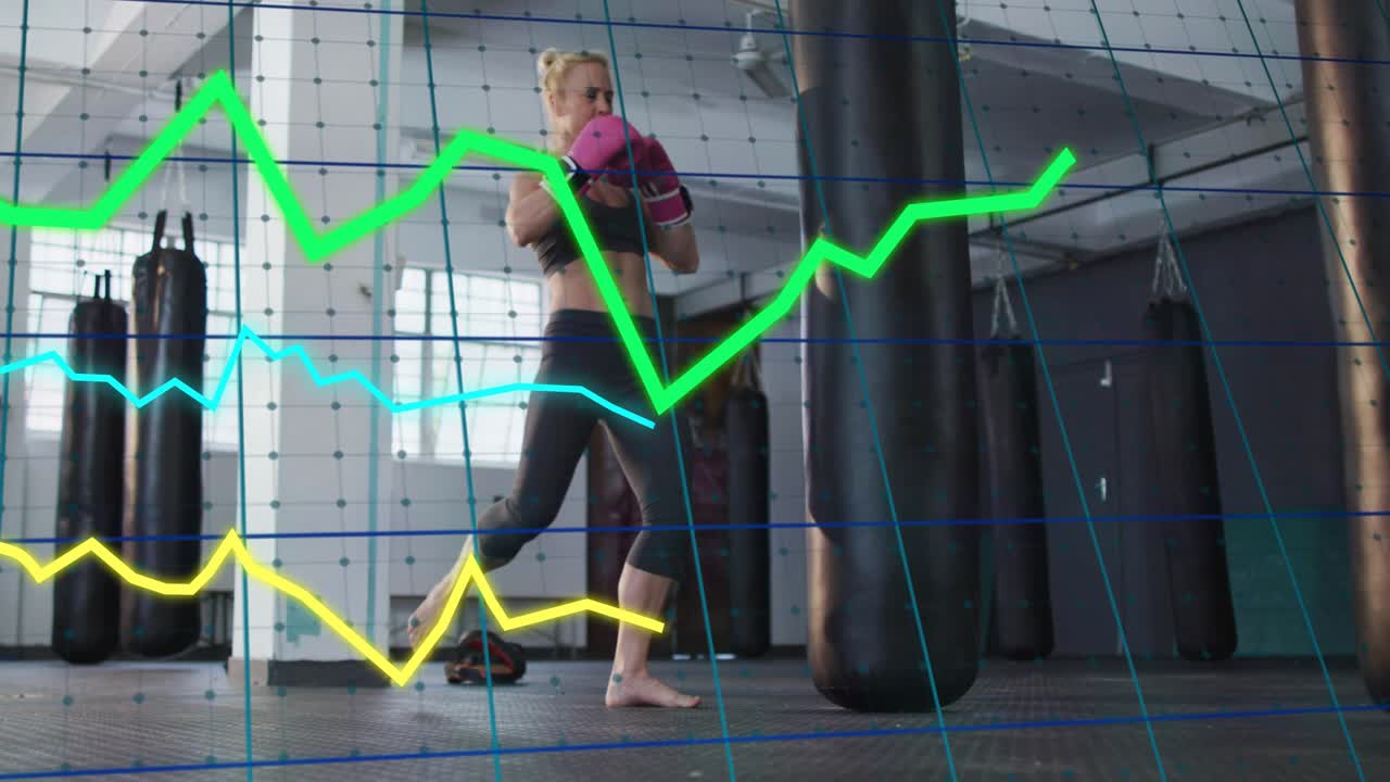 Woman boxer entering gym, working bag while grid lines tracking motion for training