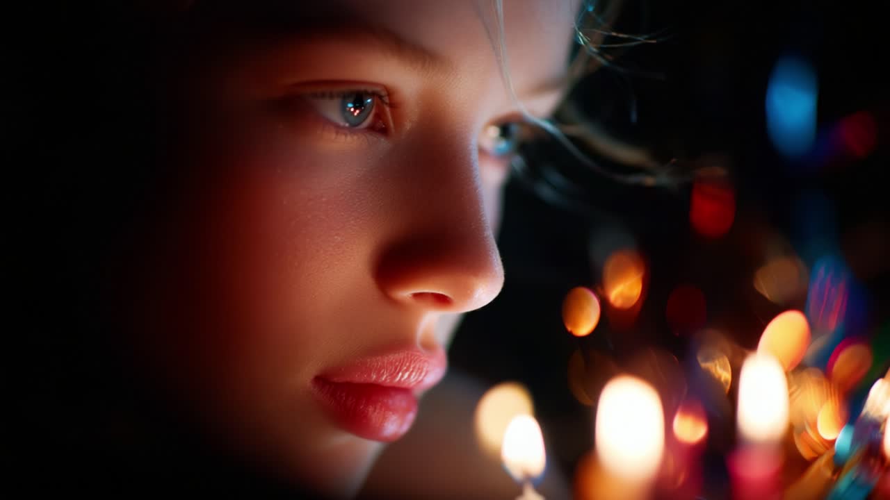 A Tender Moment: A Young Girl Contemplates Amidst the Soft Glow of Candles and Colorful Lights, Capturing a Blend of Innocence and Wonder in a Magical Atmosphere
