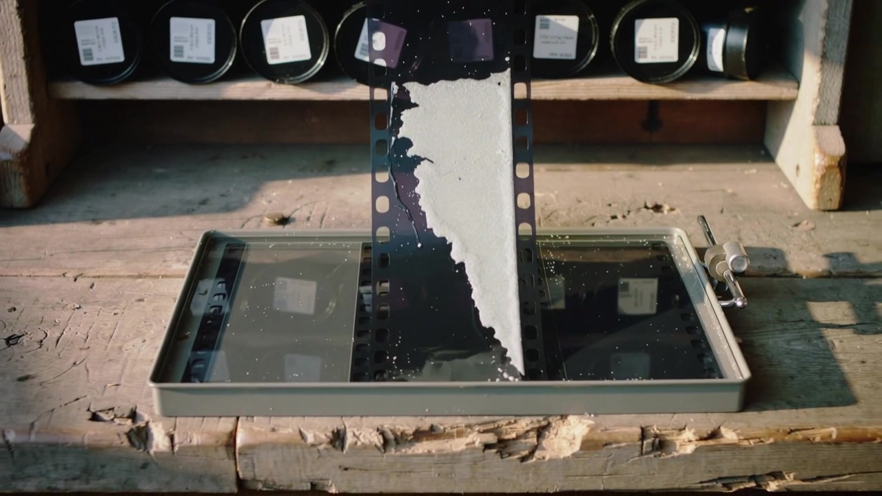 Tirando una clip metallica, si solleva una striscia da 35mm verso l'alto da un vassoio sul banco, con un residuo lattiginoso che blocca lo sviluppo.