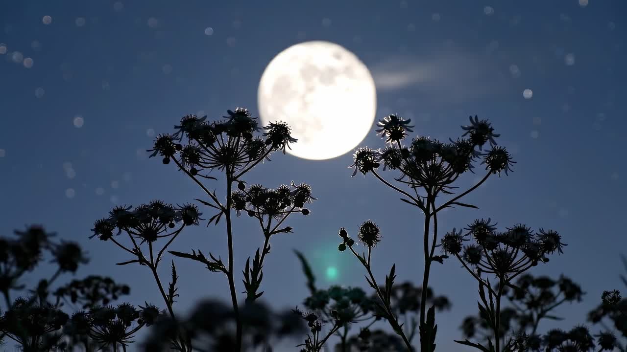 從低角度拍攝，滿月下的野花剪影，非常適合寧靜的夜晚