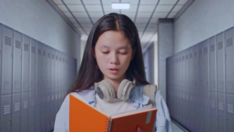primer plano de una estudiante adolescente asiática con una mochila leyendo un libro y con dolor de cabeza mientras está de pie en el pasillo