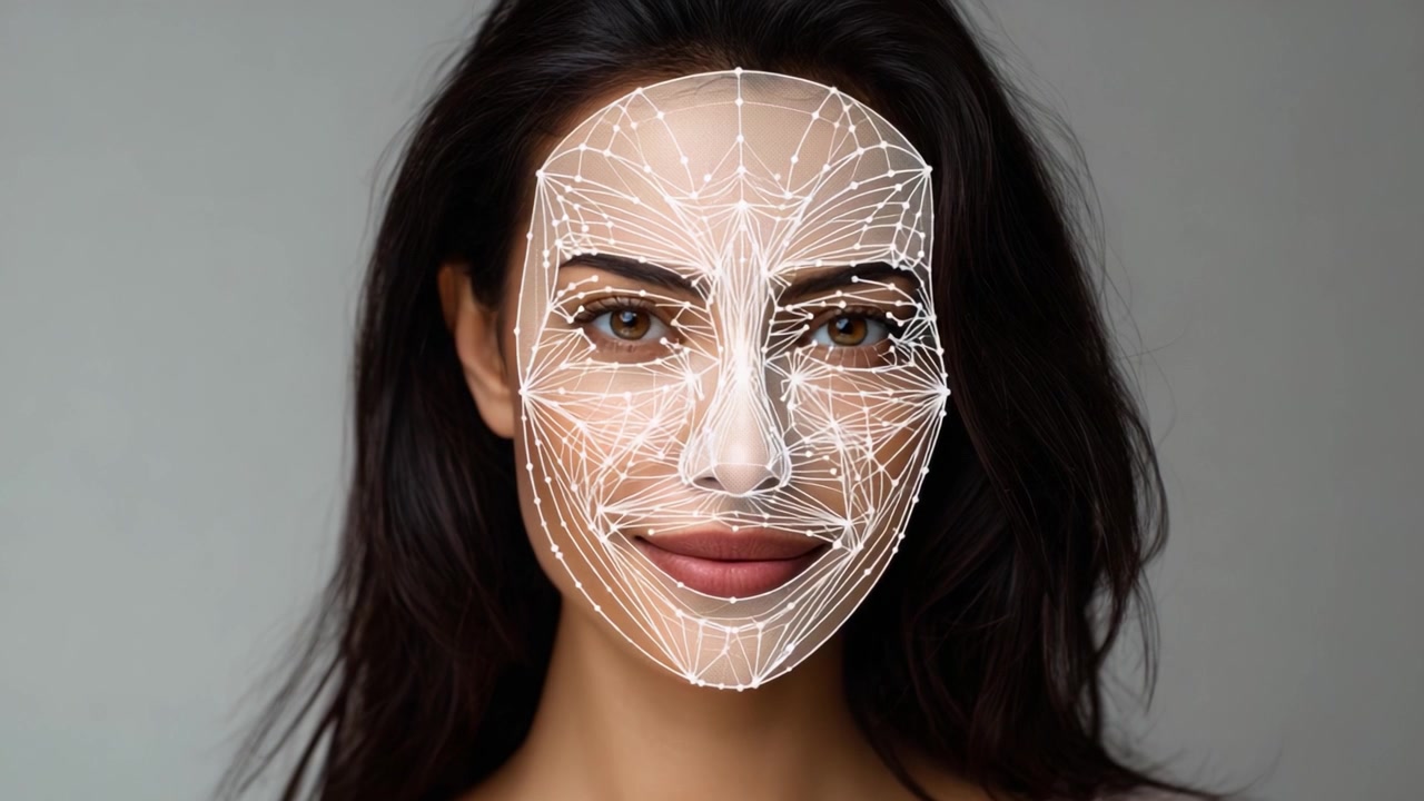 Reconocimiento y Análisis Facial de una Mujer Joven con Superposición de Mapeo Digital en Dos Marcos Distintos que Muestran el Impacto de la Tecnología en la Identidad