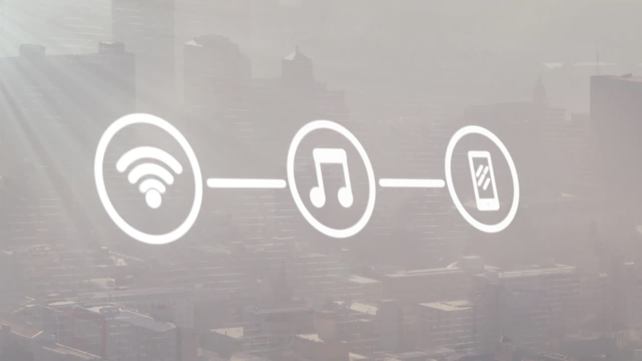 현대 도시 풍경 위의 와이파이 네트워크와 미디어 아이콘의 애니메이션