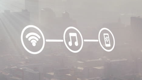 animation of network of wifi and media icons over modern cityscape