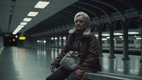 elderly woman waiting at subway station