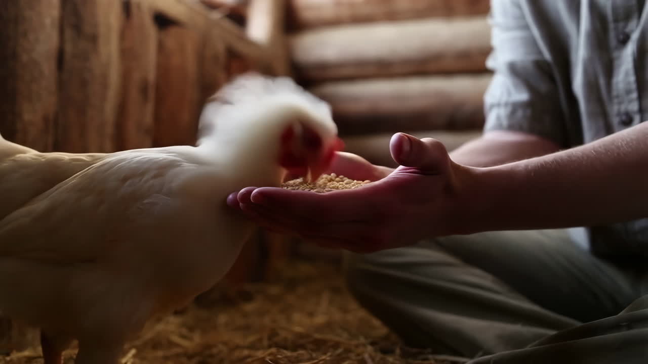 Ein weißes Huhn pickt Körner aus der Hand einer Person im Hühnerstall