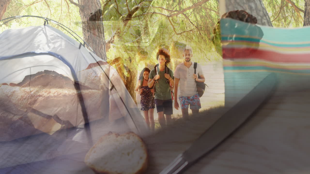 Hiking with camping gear, family in forest with animation of picnic scene