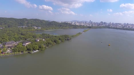 aerial shoot of hang zhou xi hu，beautiful scenery of china, in asia