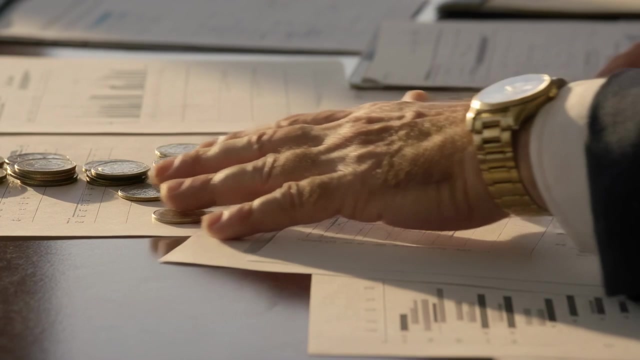 Een rechterhand in pak met een gouden horloge nadert munten, stapelt ze op een bureau met grafieken, en sorteert contant geld.