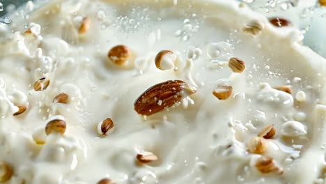 a close up of a splash of milk with nuts on top of it