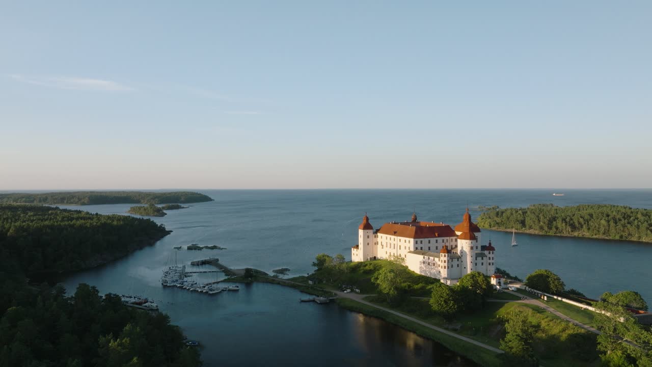 Drone ascend of Läckö castle in Sweden