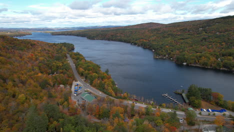 Aerial-View,-Sunapee-Lake-Bay-Near-Newbury-Town,-New-Hampshire-USA-at-Fall-Peak