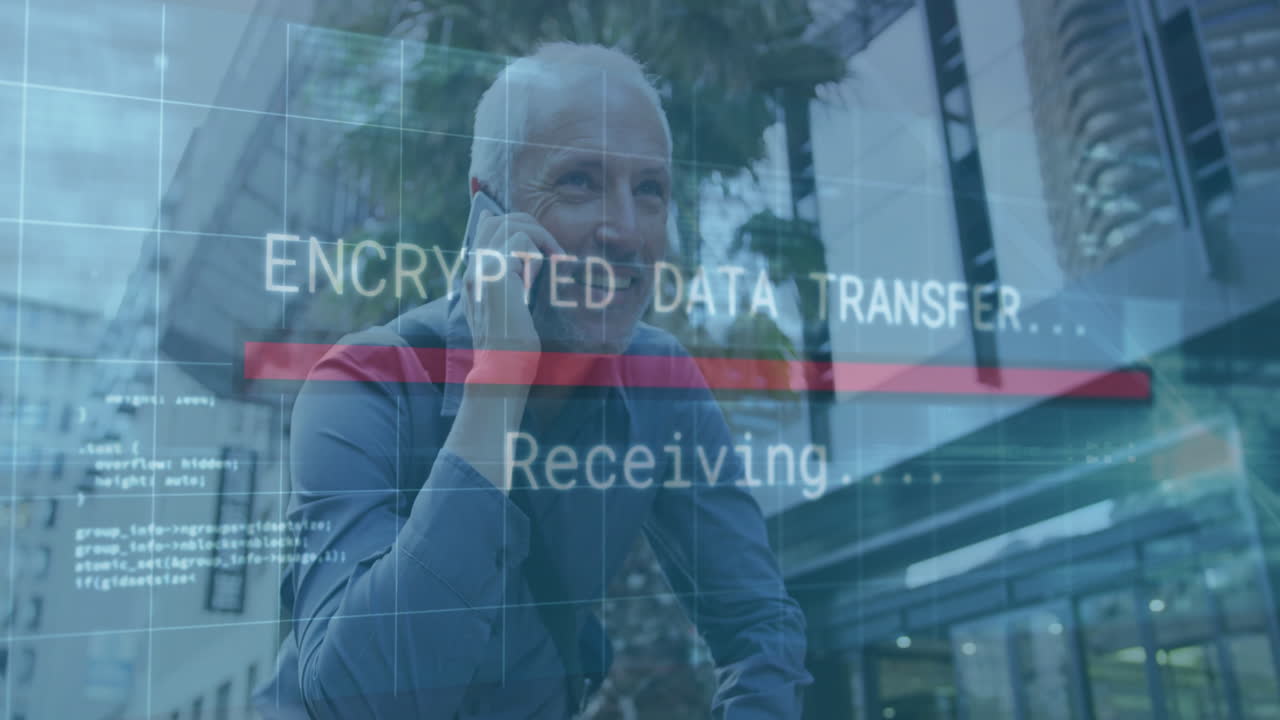 Older man on phone with encrypted data transfer animation overlay