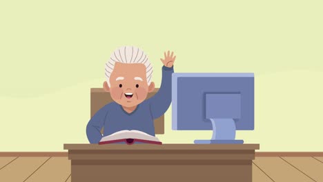 hombre viejo estudiando con animación de escritorio