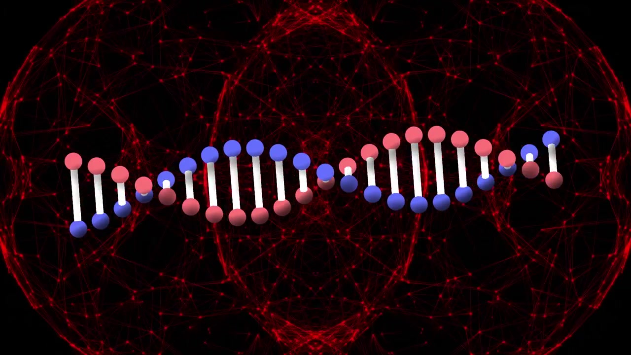Animazione 3D di un filamento di DNA che si forma all'interno di una sfera rossa luminosa.