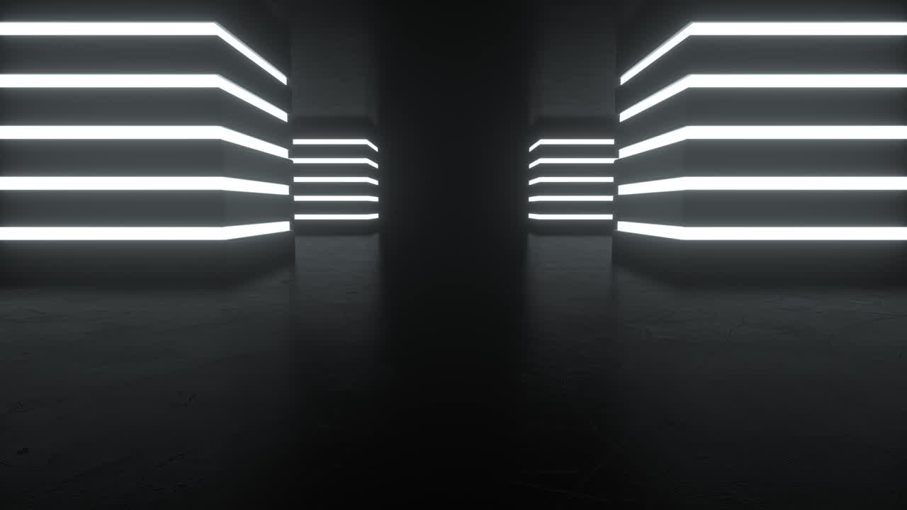 sala oscura de ciencia ficción abstracta sin costuras con luces de neón blancas brillantes. formas cuadradas sobre un fondo negro. reflejos borrosos en el suelo. animación de bucle de renderización 3d, 4k uhd